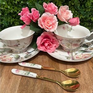 Grace Teaware NWT Floral w/ birds Tea Cup & Saucer Set with Gold Spoons